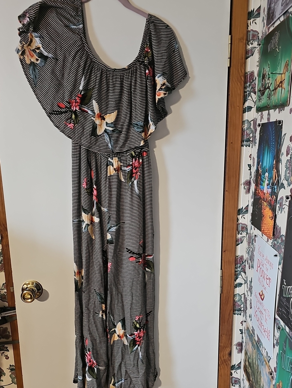 Audrey 3+1 Black & White Striped Floral Off-Shoulder Jumpsuit